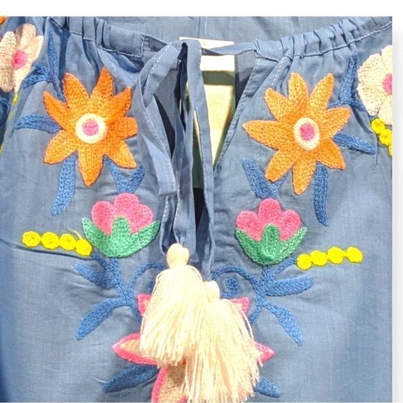 Debbie Katz South Beach Blue Violetta Embroidered Floral Tunic 100% Cotton Sz S - Picture 8 of 13